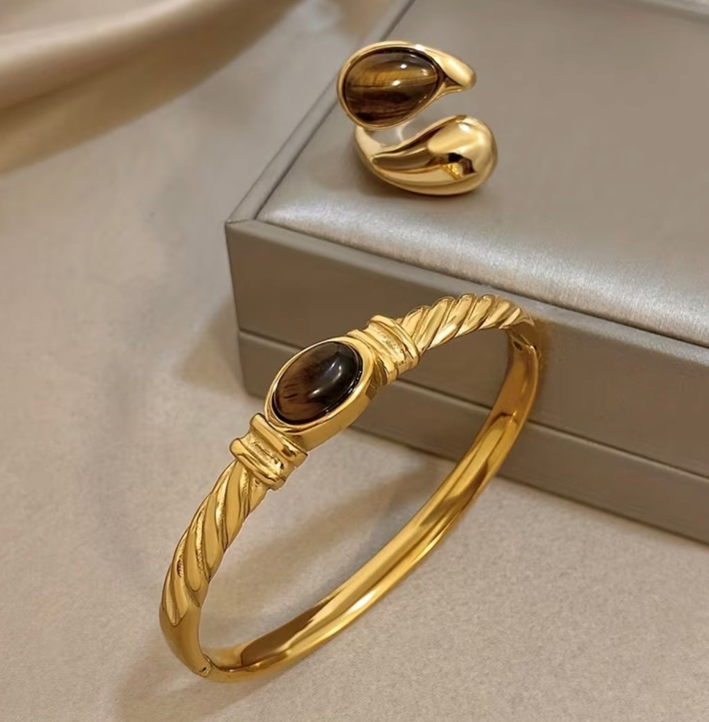 Ensemble Bijoux Femme Doré Bague et Bracelet Œil-de-Tigre