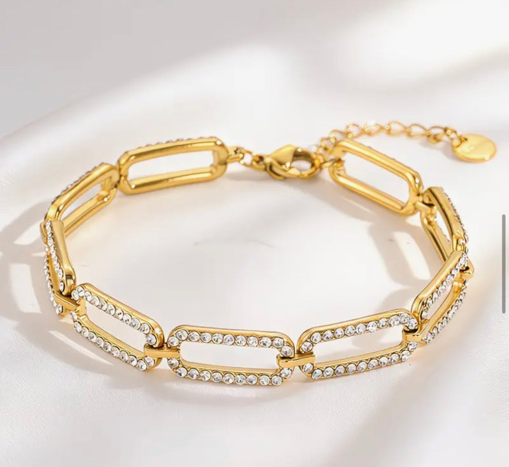 Bracelet Femme Doré 18K Maillons Strass Acier Inoxydable