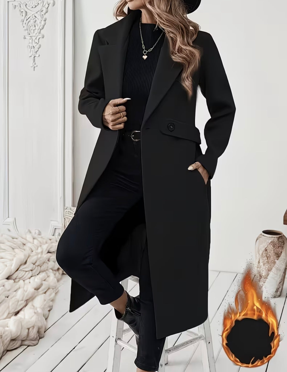 Manteau Long Femme Élégant Chic Col Tailleur – Tailles S à 6XL