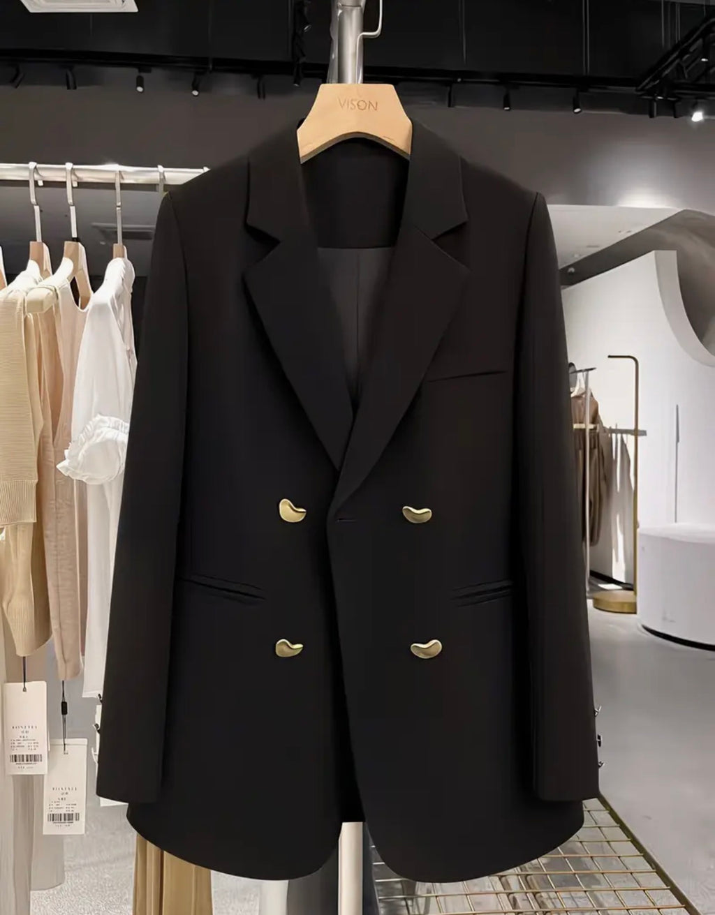 Blazer Long Femme Chic Double Boutonnage Doré