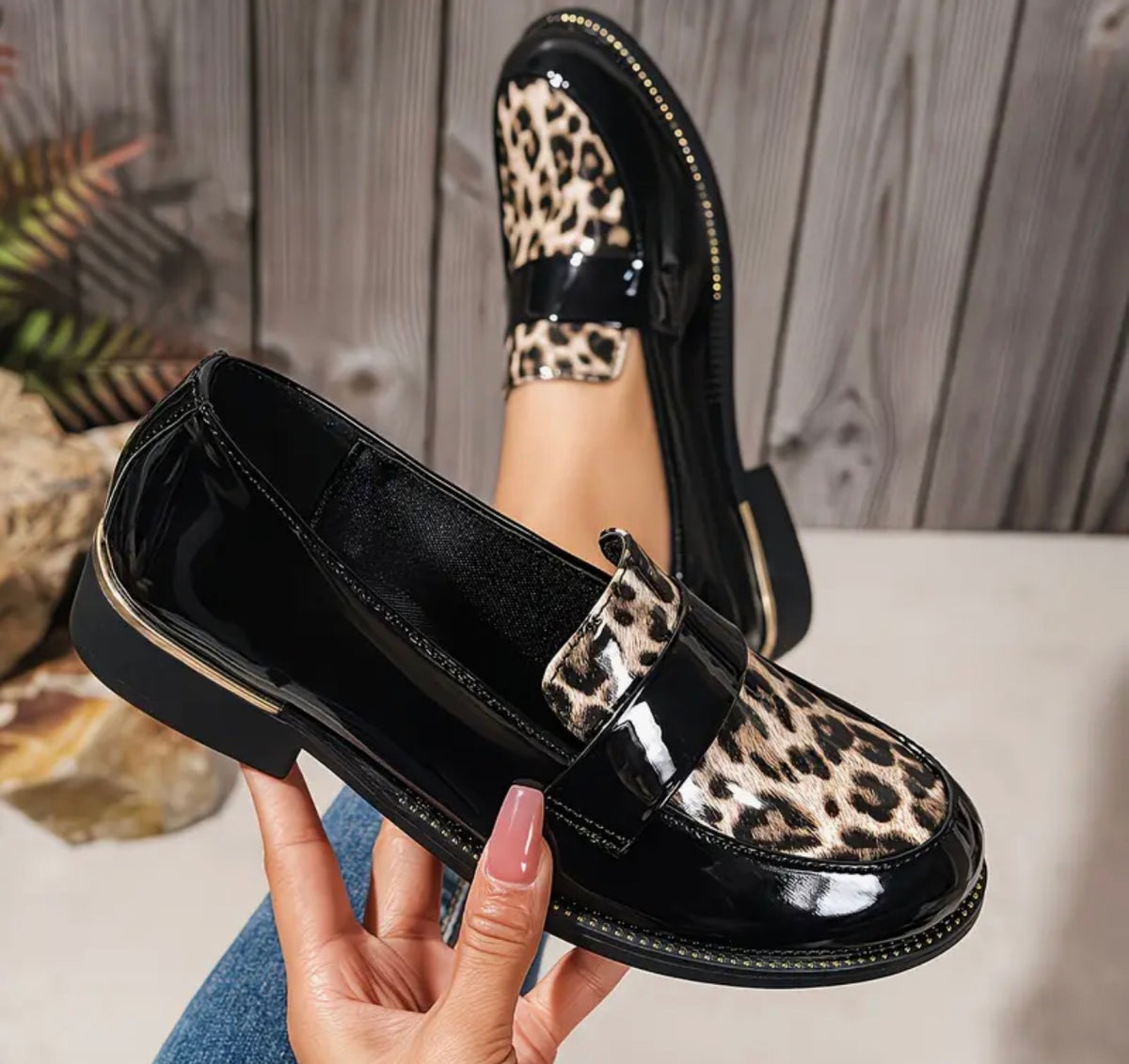 Mocassins Femme Vernis Noir Imprimé Léopard Chic