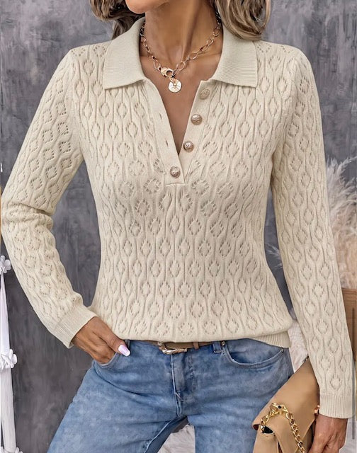 Pull Polo Femme Maille Ajourée Chic Manches Longues