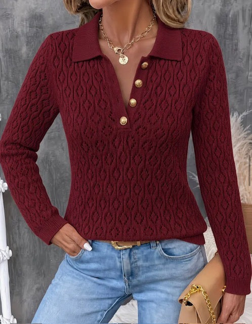 Pull Polo Femme Maille Ajourée Chic Manches Longues