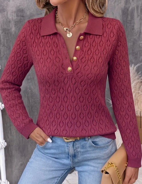 Pull Polo Femme Maille Ajourée Chic Manches Longues