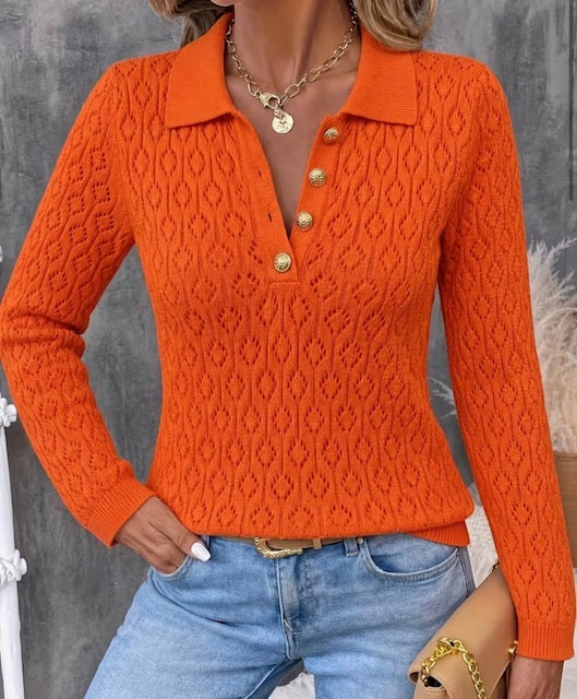 Pull Polo Femme Maille Ajourée Chic Manches Longues