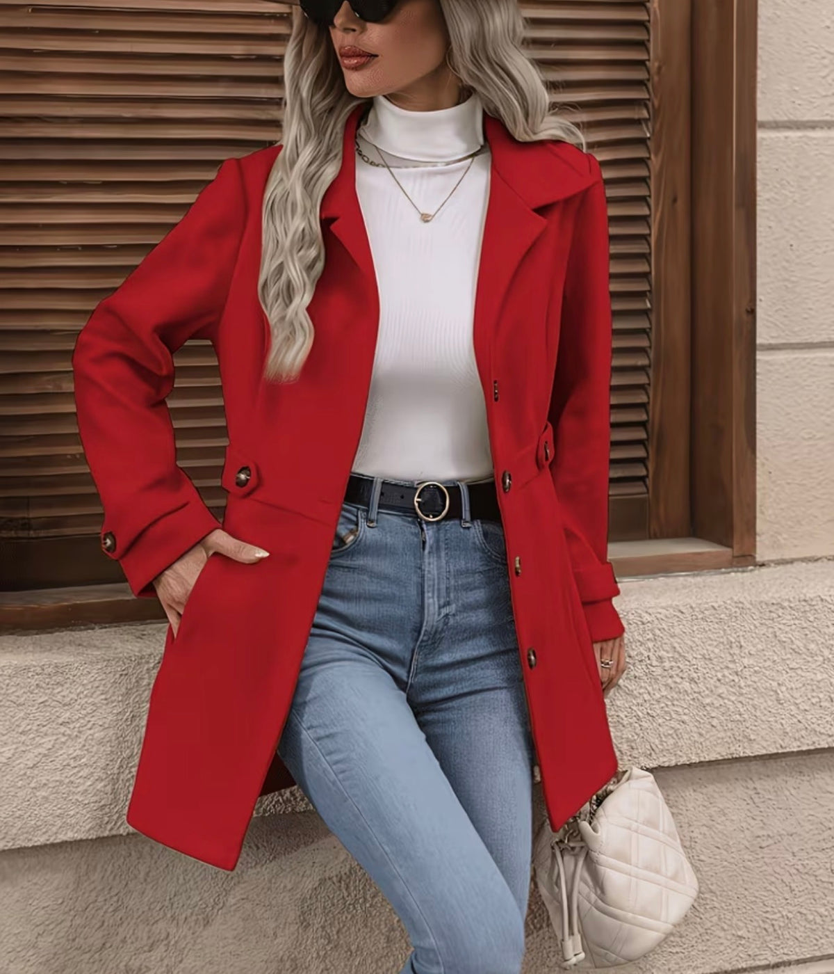 Manteau Blazer Long Femme Élégant Cintré à Boutons