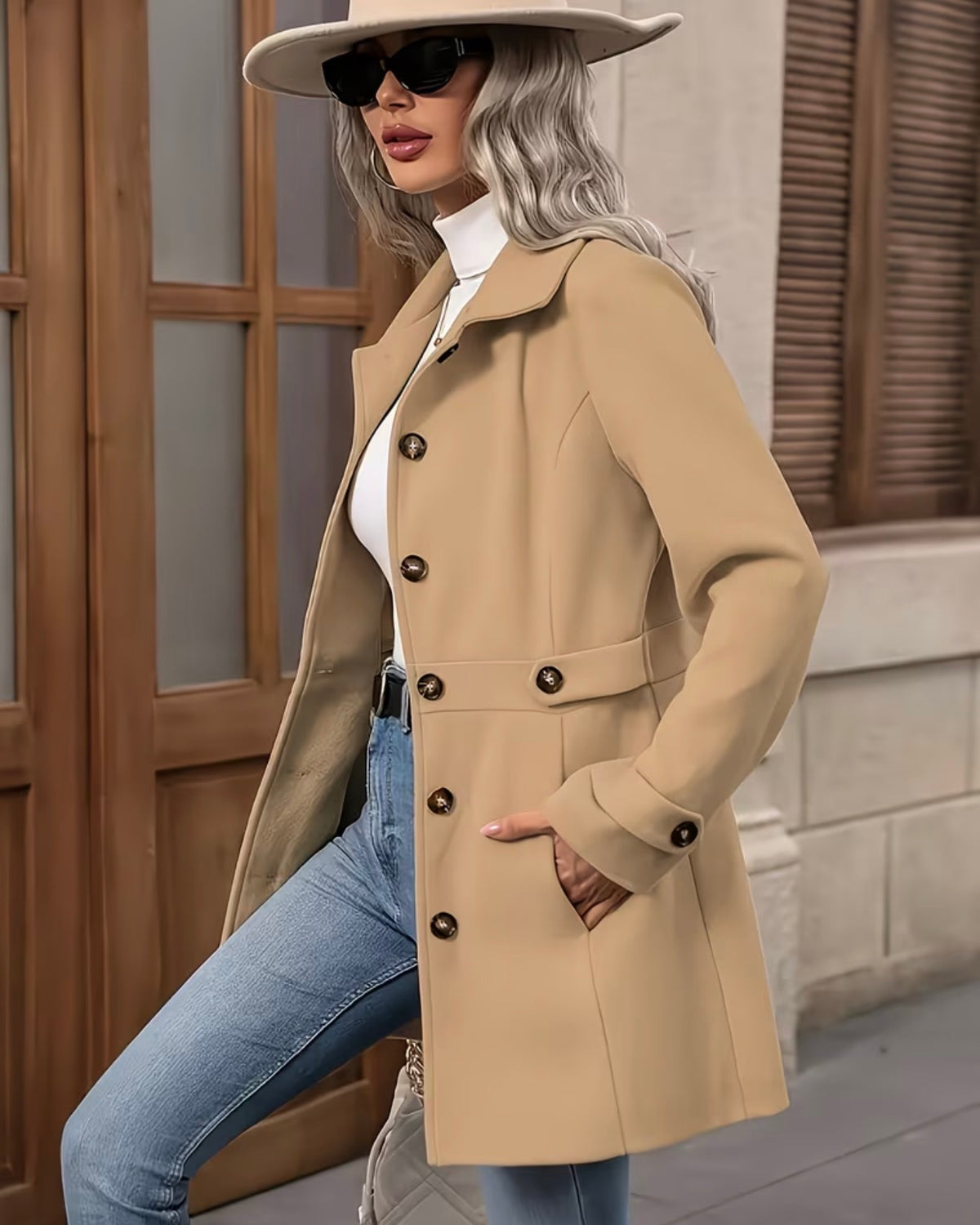 Manteau Blazer Long Femme Élégant Cintré à Boutons