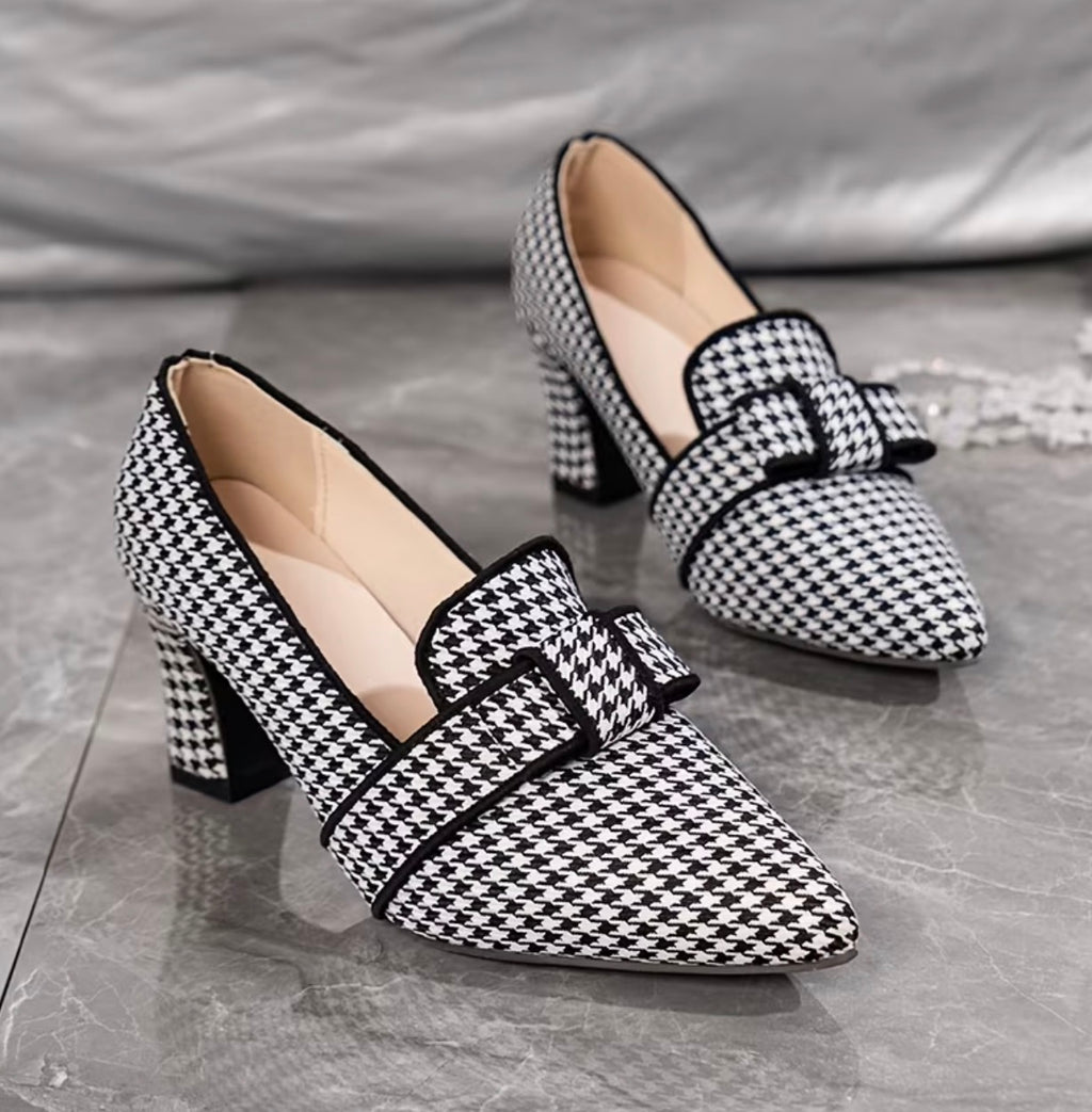 Escarpins Femme Pied-de-Poule à Talon et Nœud Chic