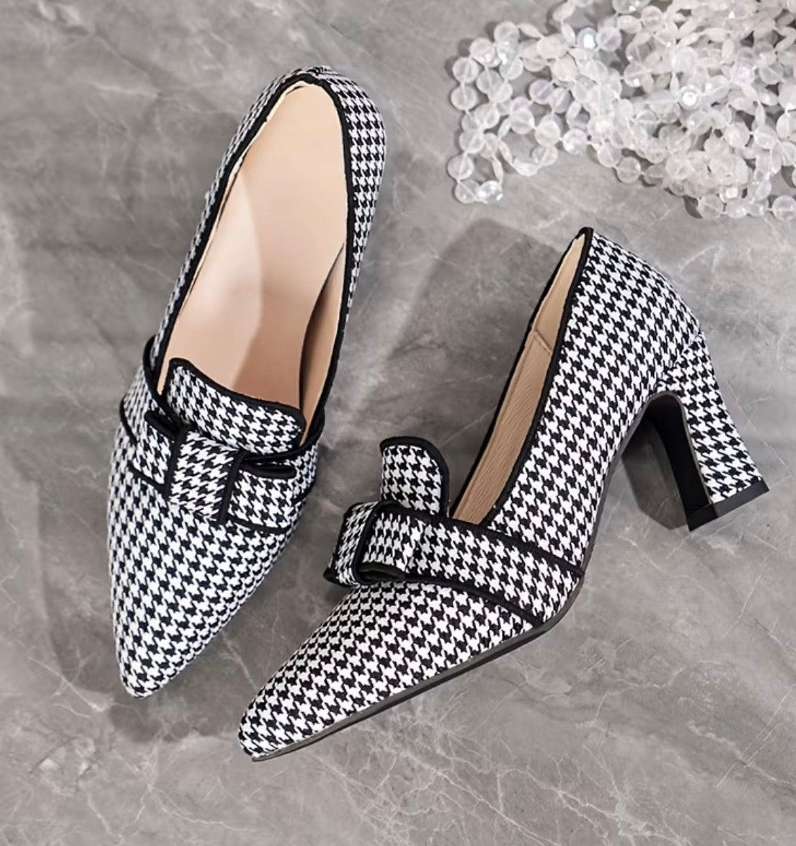 Escarpins Femme Pied-de-Poule à Talon et Nœud Chic