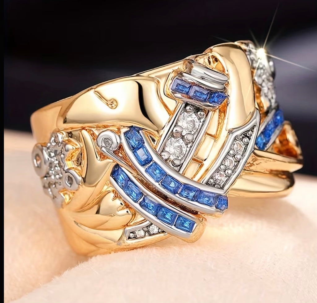 Bague Femme Large Dorée Pierres Bleues & Détails Scintillants