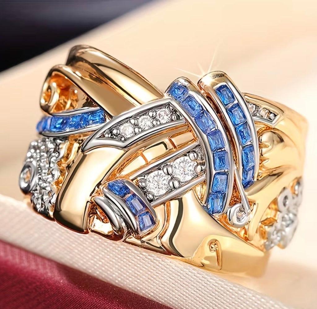 Bague Femme Large Dorée Pierres Bleues & Détails Scintillants