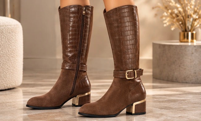 Bottes Hautes Femme Bi-Matière à Talon et Boucle