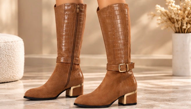 Bottes Hautes Femme Bi-Matière à Talon et Boucle