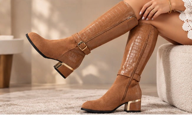 Bottes Hautes Femme Bi-Matière à Talon et Boucle