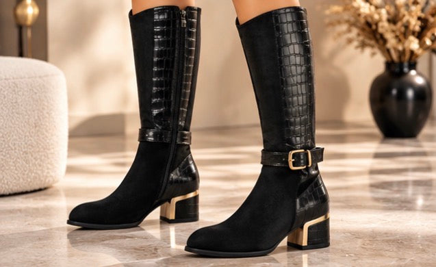 Bottes Hautes Femme Bi-Matière à Talon et Boucle