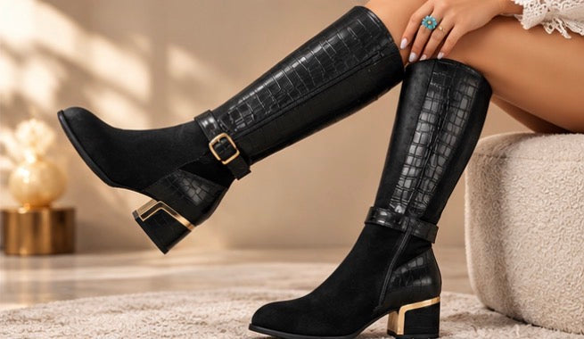 Bottes Hautes Femme Bi-Matière à Talon et Boucle