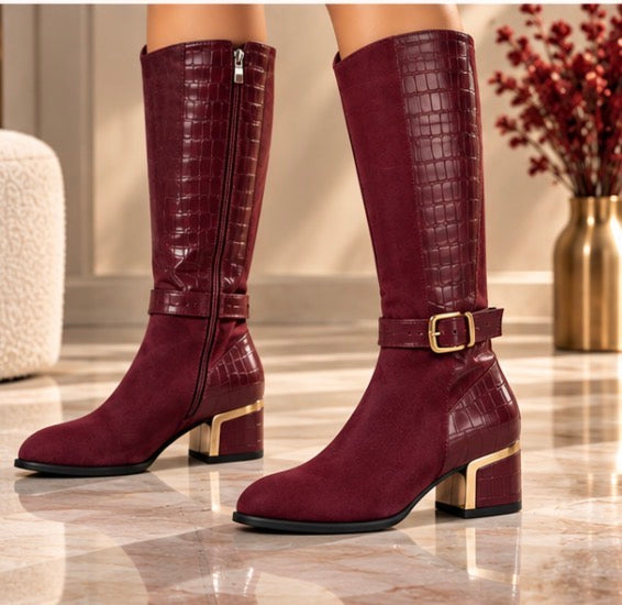 Bottes Hautes Femme Bi-Matière à Talon et Boucle