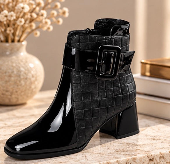 Bottines Femme Bi-Matière Vernies à Talon et Boucle