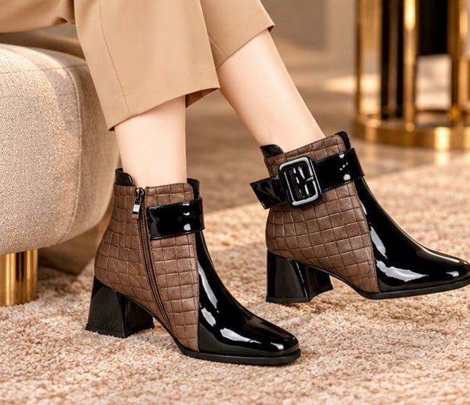 Bottines Femme Bi-Matière Vernies à Talon et Boucle