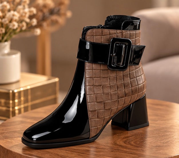 Bottines Femme Bi-Matière Vernies à Talon et Boucle