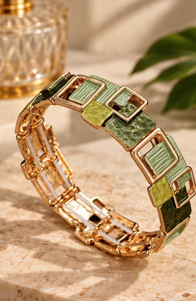 Parure Bijoux Femme 3 Pièces Dorée & Verte – Design Géométrique