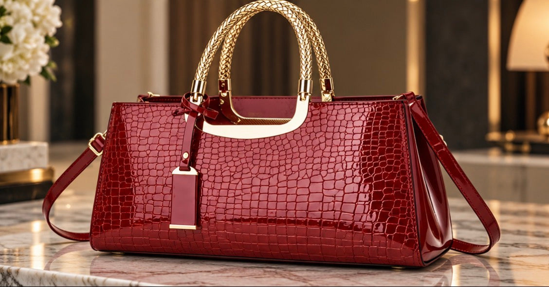 Sac à Main Femme Chic Effet Croco Brillant avec Anses Dorées
