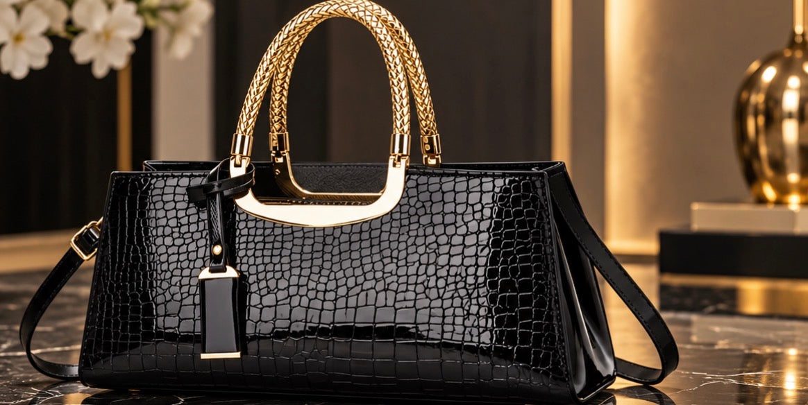 Sac à Main Femme Chic Effet Croco Brillant avec Anses Dorées