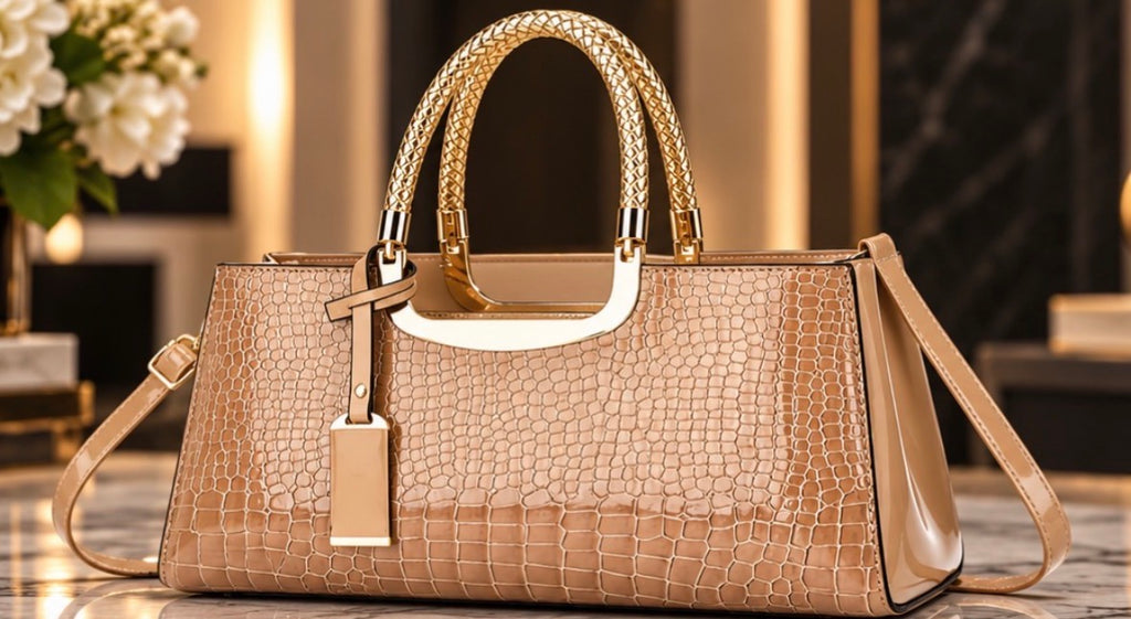 Sac à Main Femme Chic Effet Croco Brillant avec Anses Dorées