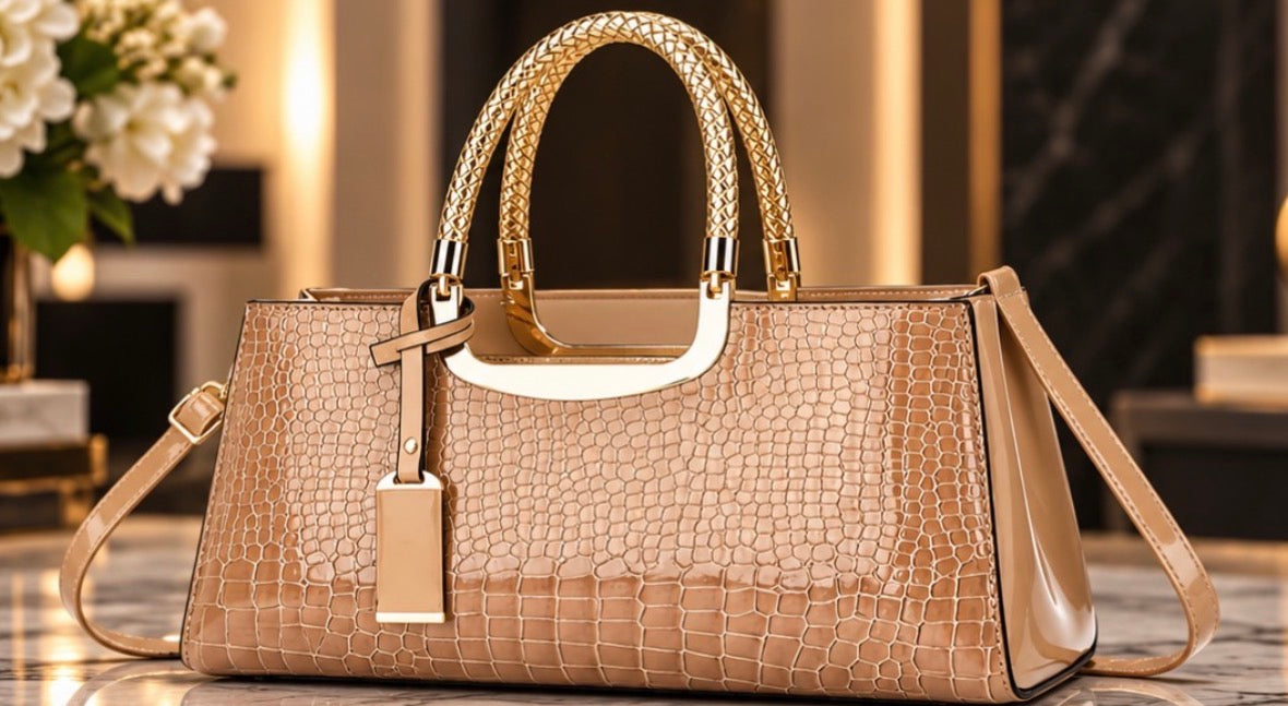 Sac à Main Femme Chic Effet Croco Brillant avec Anses Dorées