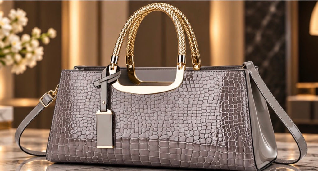 Sac à Main Femme Chic Effet Croco Brillant avec Anses Dorées