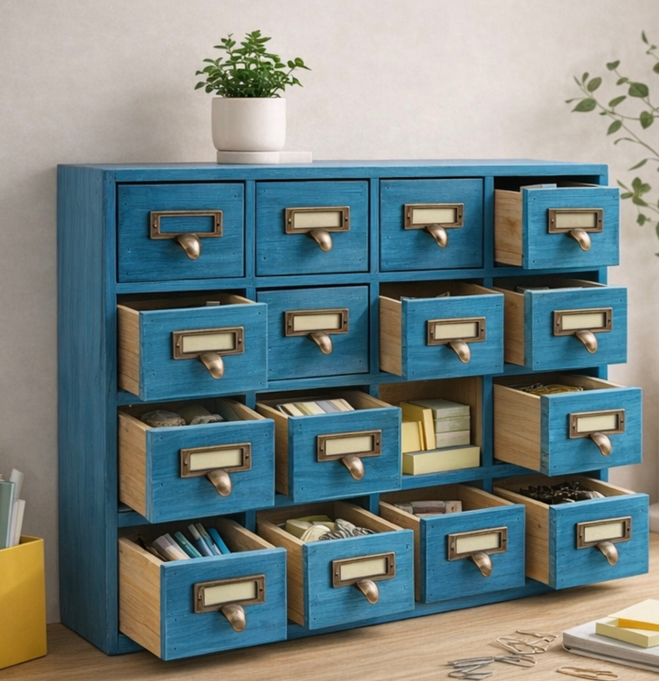meuble bois bleu 16 tiroirs