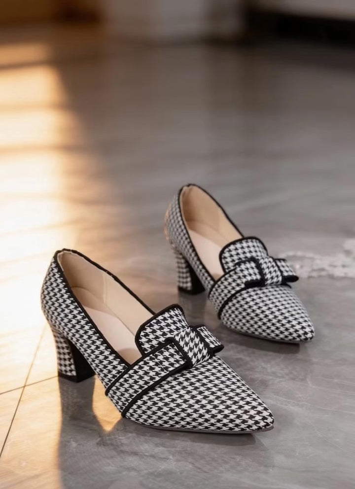 Escarpins Femme Pied-de-Poule à Talon et Nœud Chic