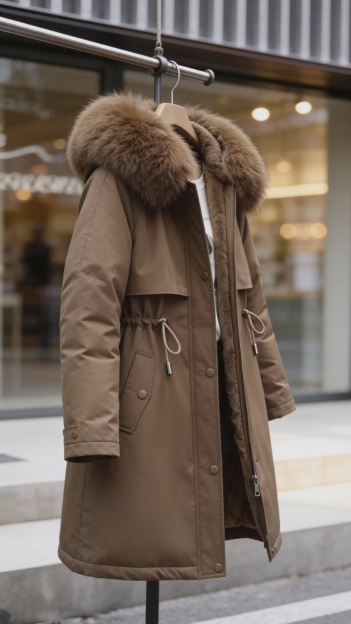 Parka Femme ALYANA – Capuche à Bordure Fourrure – Noir & Marron