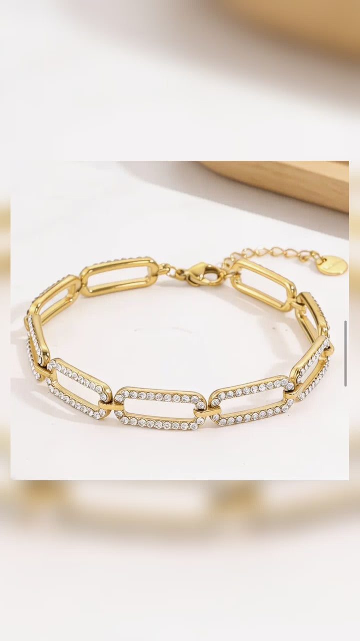 Bracelet Femme Doré 18K Maillons Strass Acier Inoxydable