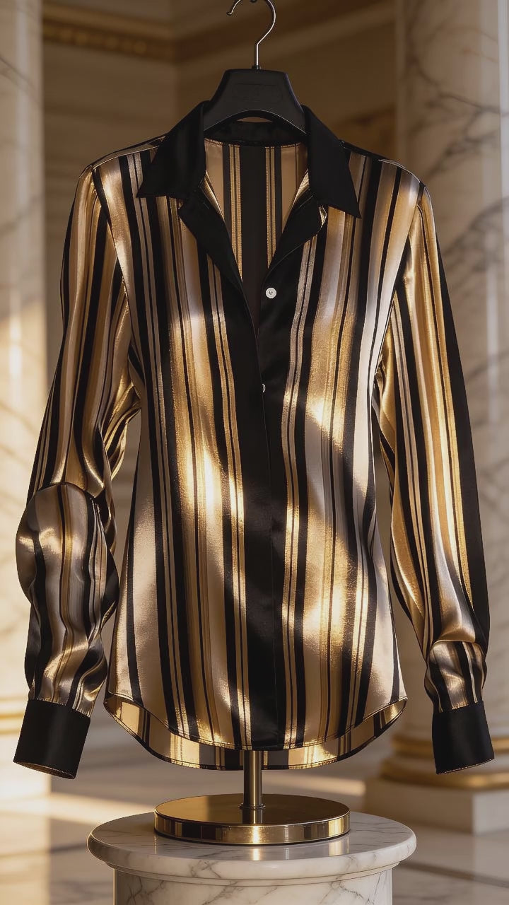 Chemise Femme Satinée à Rayures – Noir, Beige & Doré