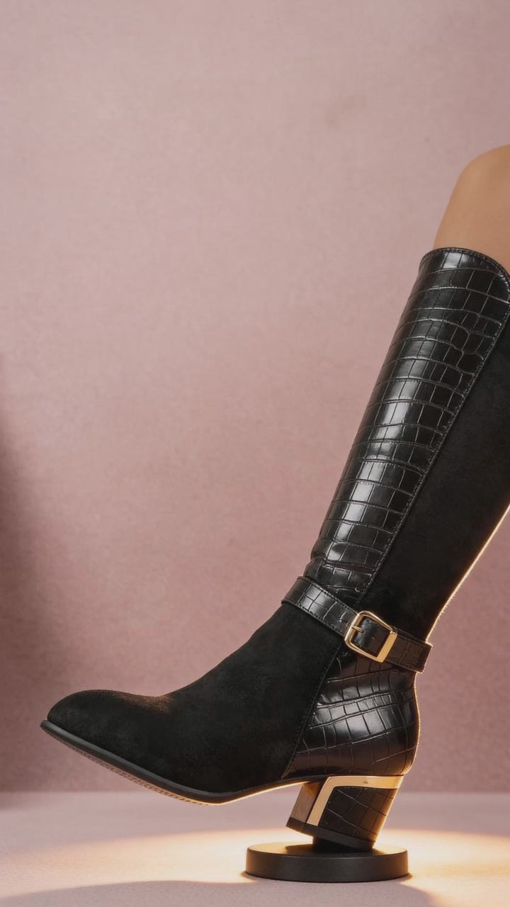 Bottes Hautes Femme Bi-Matière à Talon et Boucle