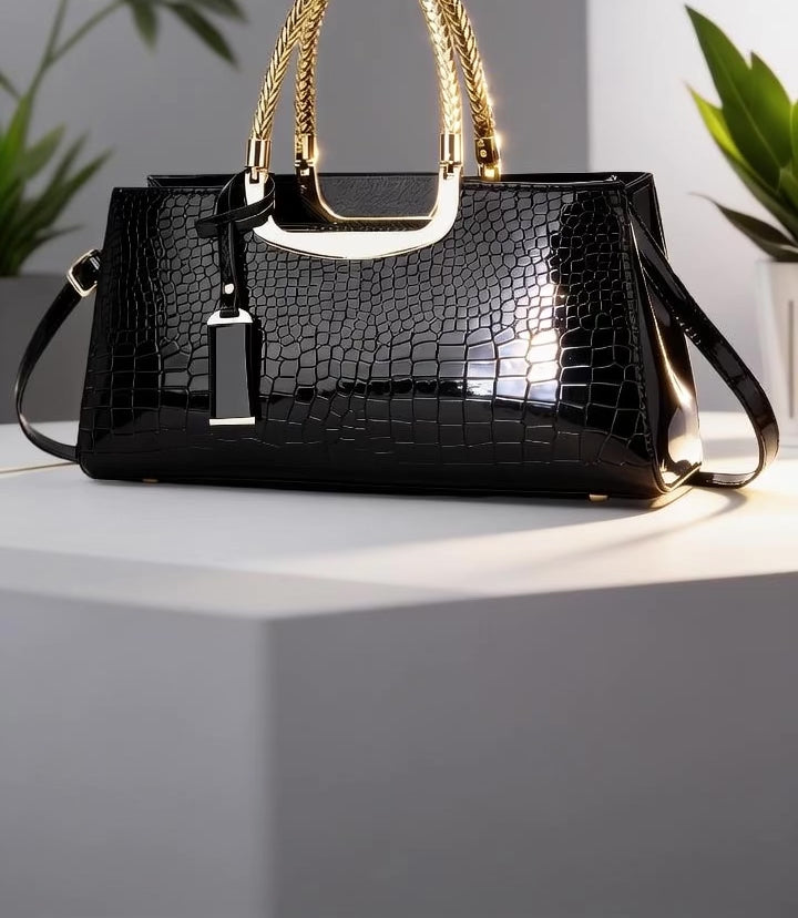 Sac à Main Femme Chic Effet Croco Brillant avec Anses Dorées