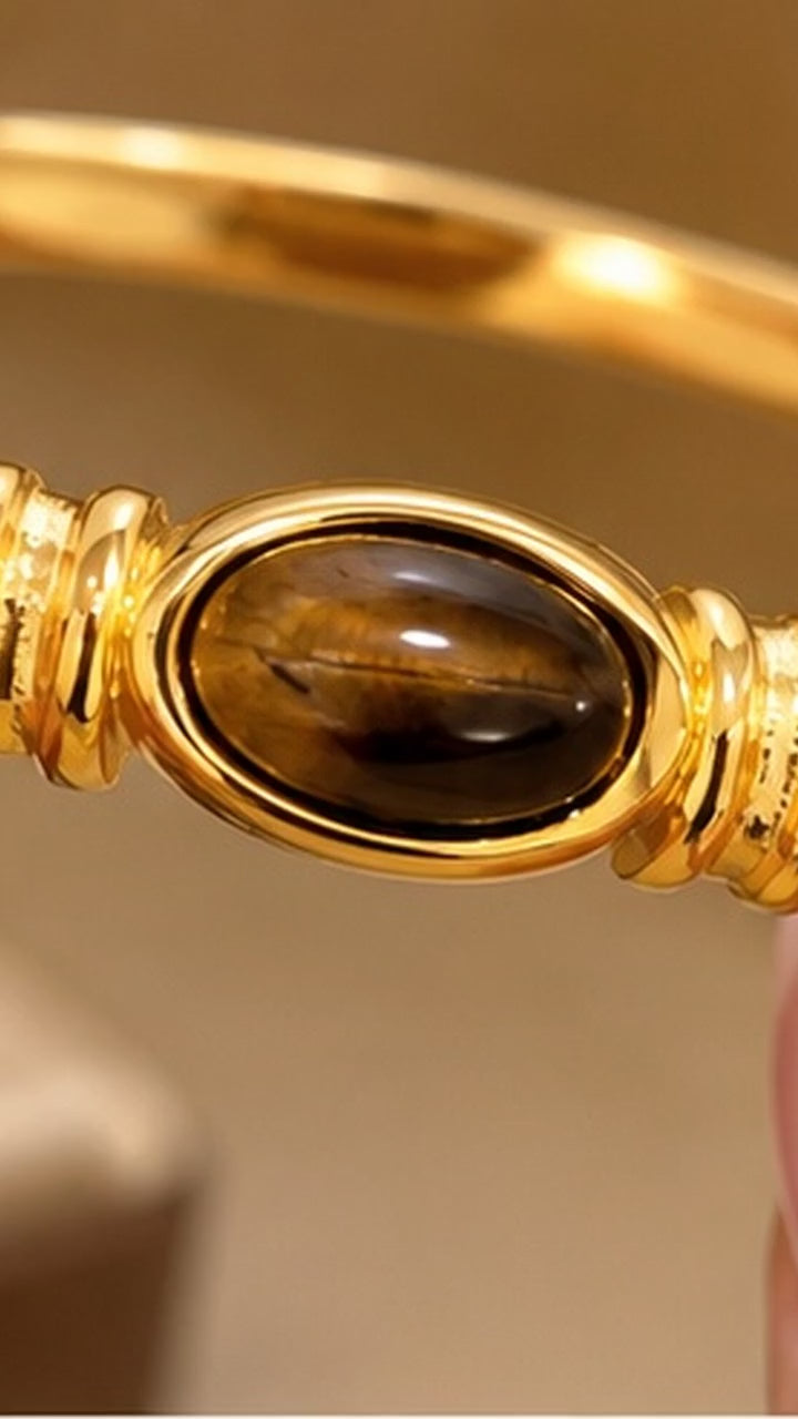 Ensemble Bijoux Femme Doré Bague et Bracelet Œil-de-Tigre