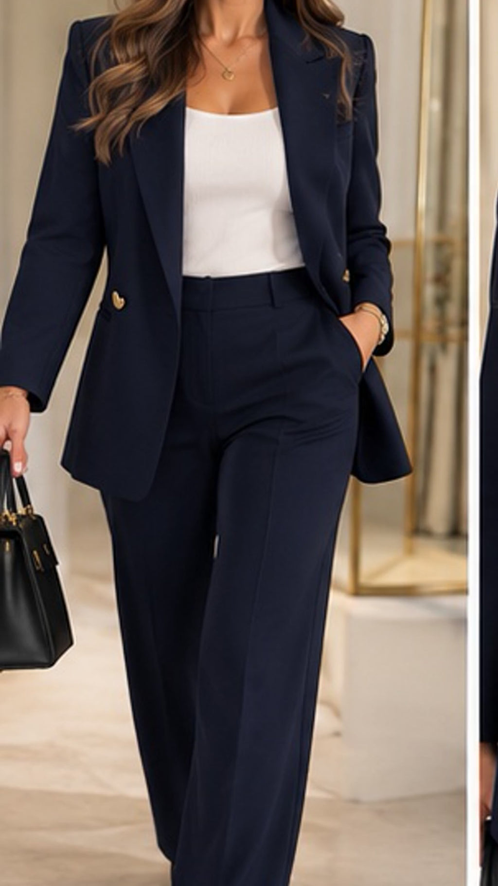 Blazer Long Femme Chic Double Boutonnage Doré