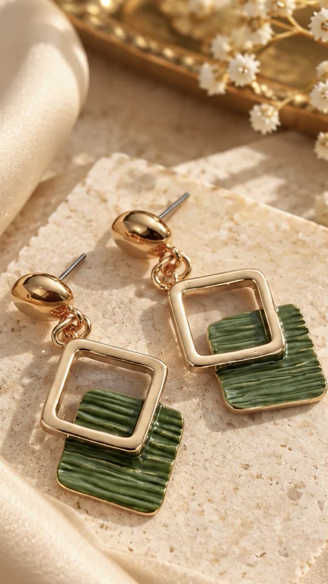 Parure Bijoux Femme 3 Pièces Dorée & Verte – Design Géométrique
